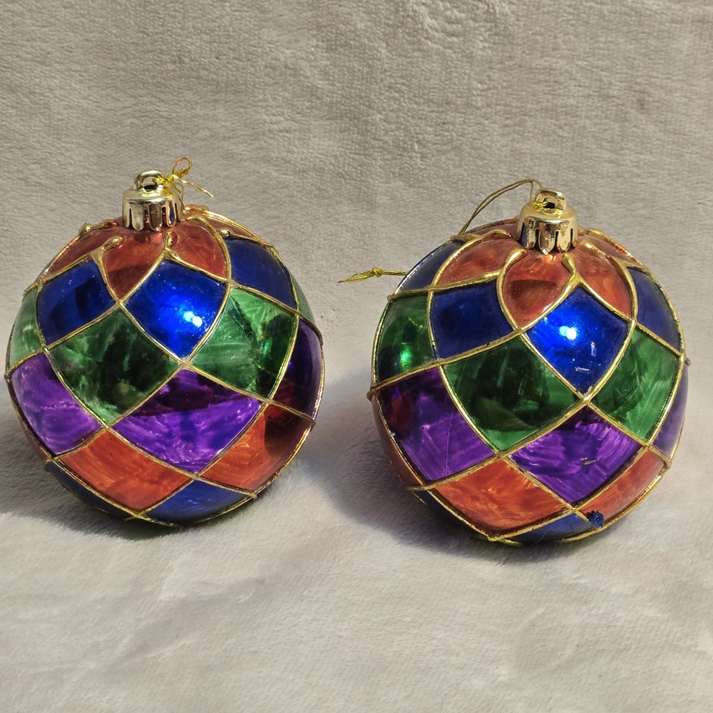 Stained Glass Style Christmas Ball Ornaments Set of 2 Multicolor 3 Inch